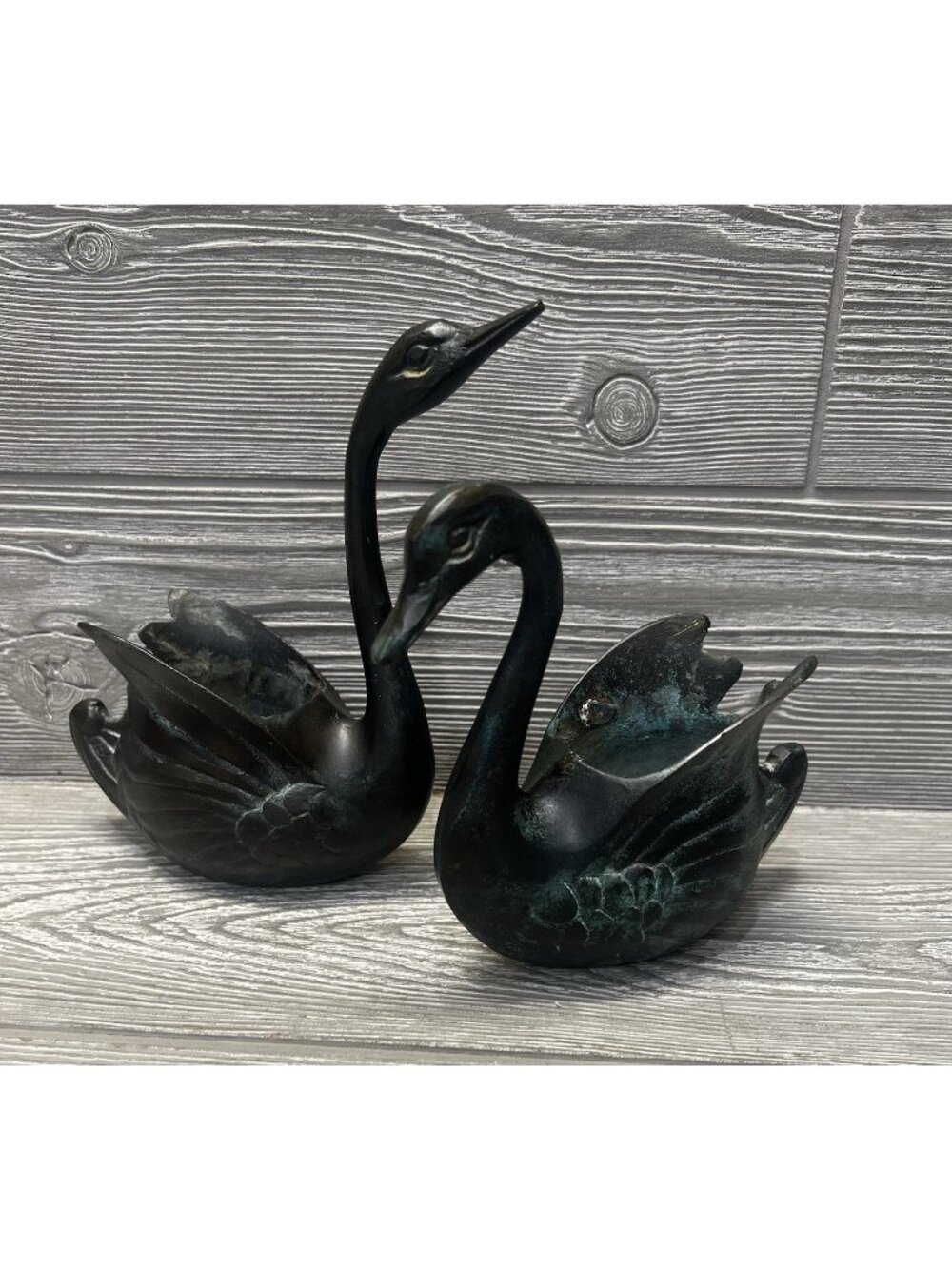Decorative Swans Figurines Vases Set of 2 Bronze Look MCM Midcentury Decor Heavy